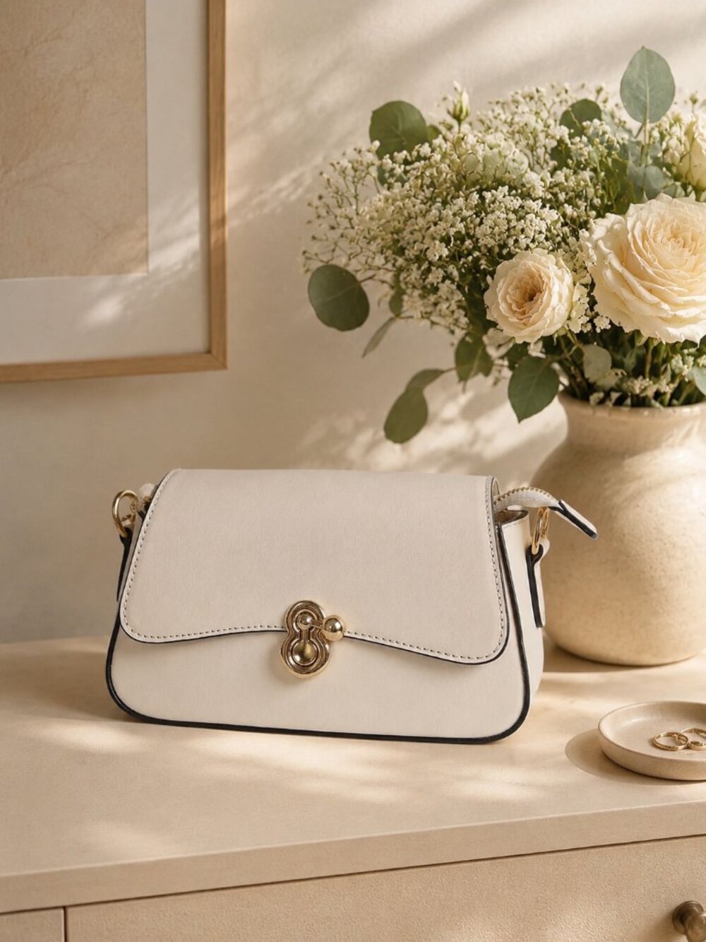 Italian Leather Ivory White Mini Bag, Structured Shoulder Purse